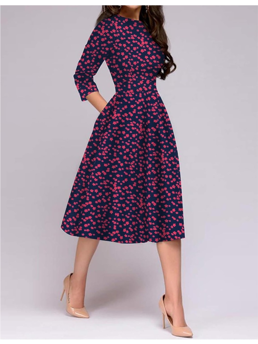 Women's Navy Blue Floral Midi Dress with Pink Print - Picture 3 of 10